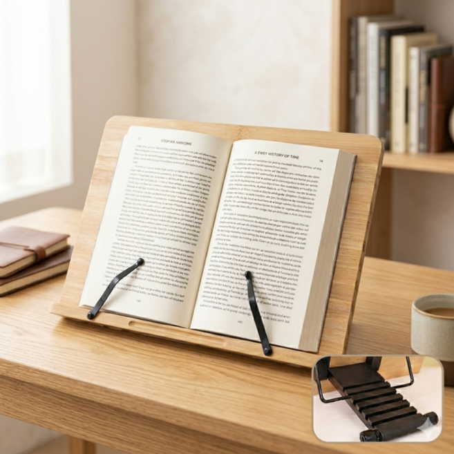 바나르코 자세완화 각도조절 나무 독서대 34cm, 우드