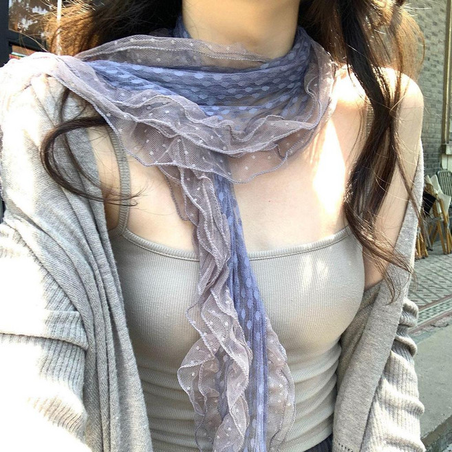 灰紫色波點紗巾 飄逸蕾絲花邊長條絲巾 旅遊拍照系脖頸巾