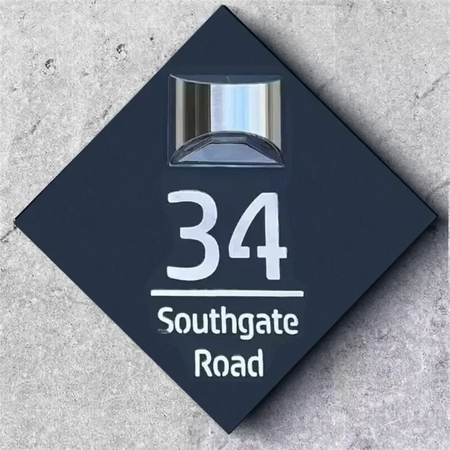 맞춤형 프리미엄 솔라 하우스 사인 LED 모던 문짝 번호판 현대 무광 블랙 라운드 스퀘어 플레이트 9.84, 01 25x25cm(9.8x9.8in), 04 Font 1, 06 Black (silver text)