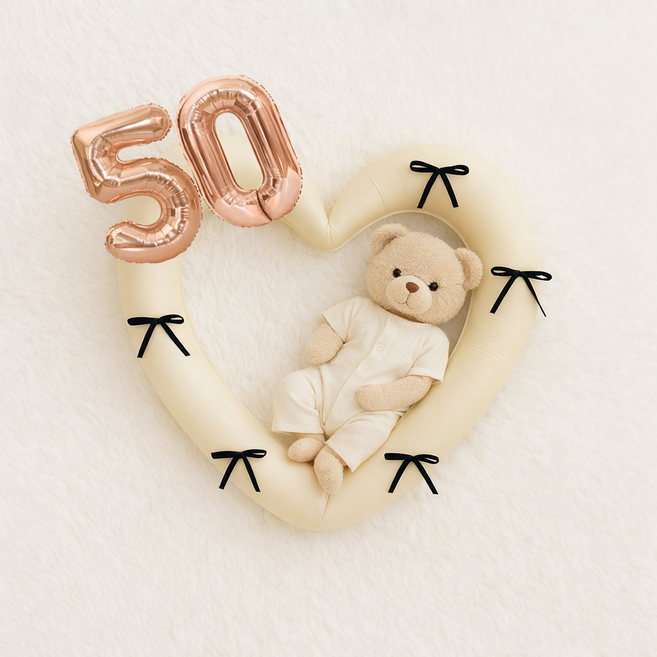 해피제이니 50일 100일 대형 하트풍선 완성리본 세트, 1세트, 크림하트 숫자50