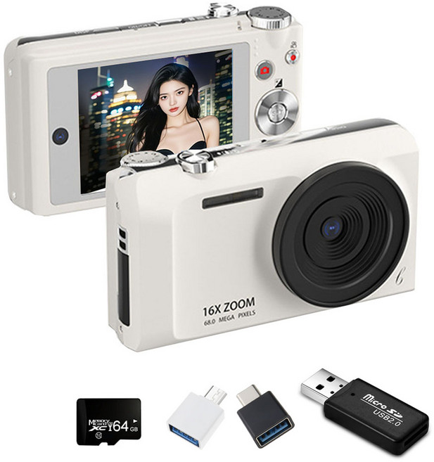 MOKIN S11 빈티지 미니 디지털 카메라 4K DH 6400W 픽셀 + 64GB sd카드, 화이트