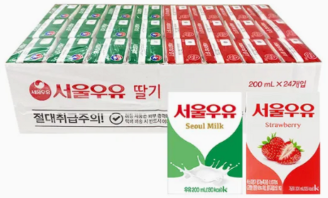 서울우유 멸균우유 + 딸기우유 (각 12개씩 총 24입), 24개, 200ml, 24개