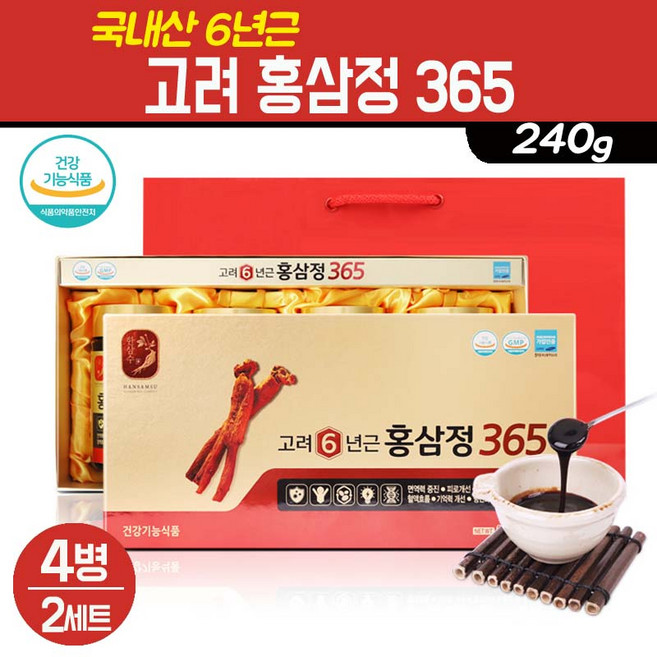 6년근 고려 홍삼정 365 국산 홍삼 농축액 고함량 진세노사이드 영지버섯 진액 추석 설날 명절 부모님 생신 효도 선물세트 제품, 6년근 고려홍삼정 365 4개입, 960g, 2세트