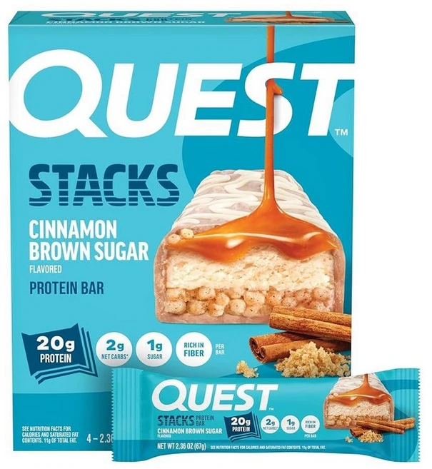 Quest Nutrition 퀘스트 뉴트리션 스택스 단백질 바 솔티드 캐러멜 20g 4개입 단백질보충제, 4개(1개입), Quest 시나몬 브라운 슈가, 20, 4 - 쿠팡
