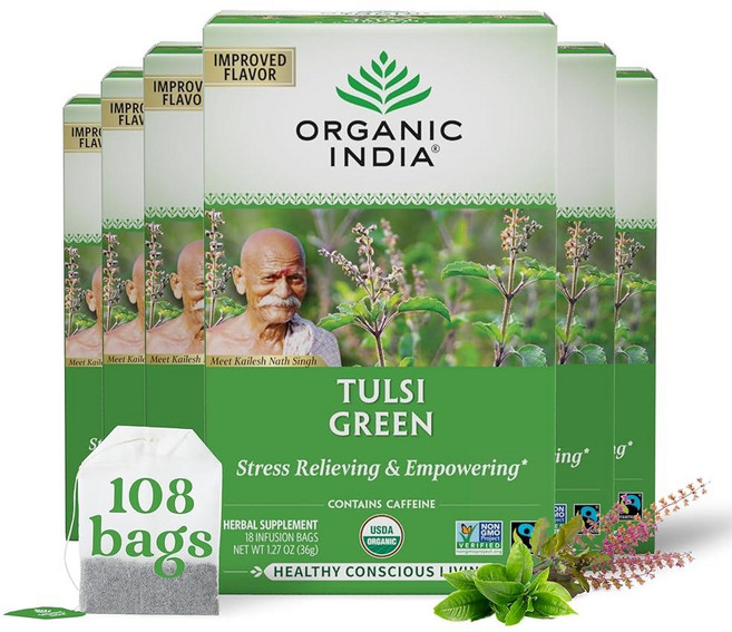 Organic India Tulsi 레몬 진저 티백 - 허브 티 스트레스 완화 및 재생 면역 지원 소화 보조 비건 USDA 인증 유기농 GMO 프리 카페인 프리 -, 1개