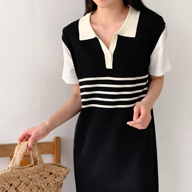 요모조모 4410 DF 여성 단추 카라 배색 여름 반팔 니트 롱원피스
