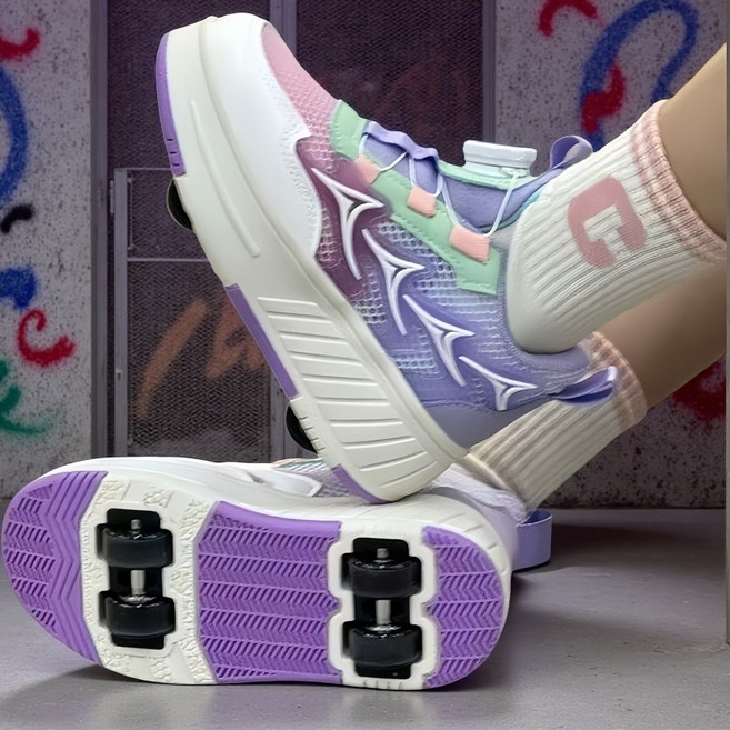 남녀공용 더블 휠 변형 탈착식 롤러슈즈 인라인 스케이트 운동화 간편한 성인 롤러스케이트, 1개, 핑크색