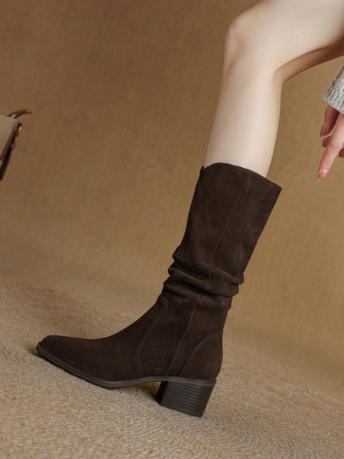 스웨이드 패션 5센티 미들 부츠 라운드토 클래식 셔링 라이딩 미드 부츠 브라운 업그레이드 225