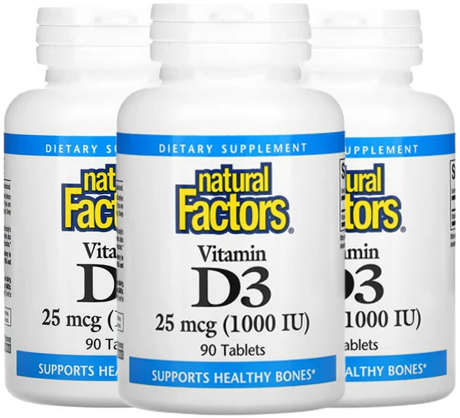 내추럴팩터스 Natural Factors 비타민 D3 25mcg 1000IU 90정 3개 콜레칼시페롤 Cholecalciferol 스테아린산 마그네슘 인산이칼슘 - 쿠팡