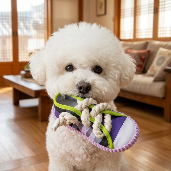 강아지 면끈 스니커즈 삑삑이 캔버스 치발기 씹는 장난감(훈련/놀이), 1개, 자주색
