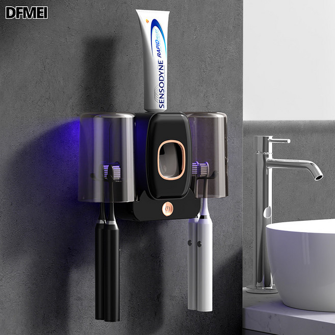 DFMEI 牙刷杯架壁掛式情侶牙刷架紫外線消毒器智能電動牙杯牙膏置物架, 1個, 消毒款暗夜黑:如圖