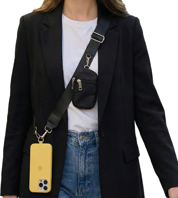 올리스트 핸드폰 크로스 스트랩 투웨이 넓은끈 도난방지 길이조절 파우치세트, 1개, 블랙