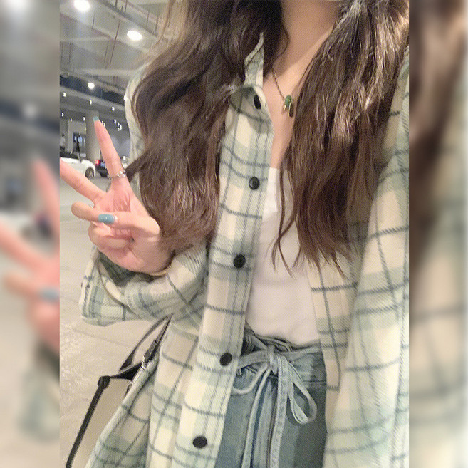 小個子高級感撞色拼接長袖襯衫 春秋寬鬆顯瘦顯白小眾格子開衫外套