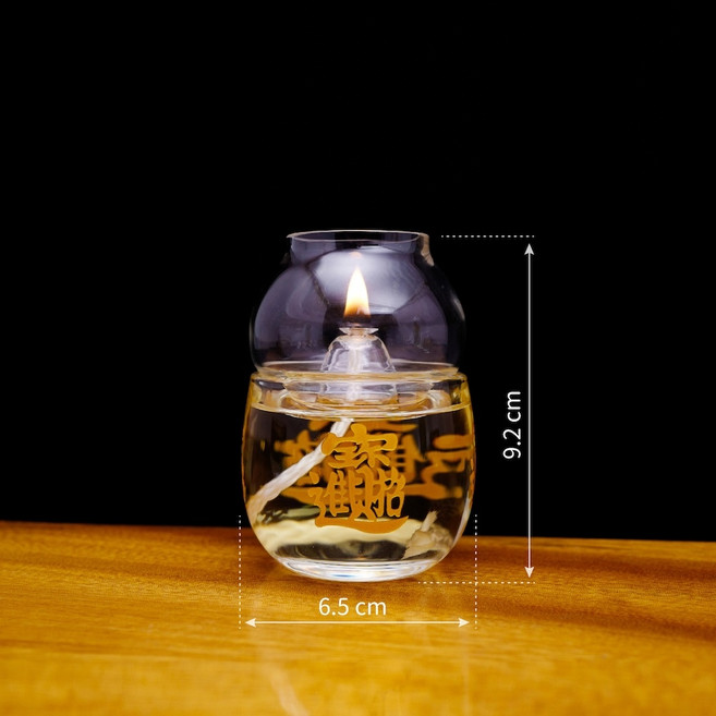 佛字經文水晶玻璃油燈組 (附贈電池式LED燈芯) 9.2 cm 高 6.5 cm 寬, 【套組】招財進寶-NA06防風油燈組