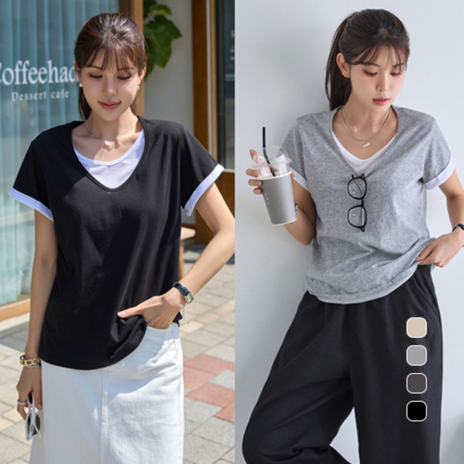 [나크21] 배색 레이어드 반팔 티셔츠 여성 루즈핏 여름 티 NK52-TS-63