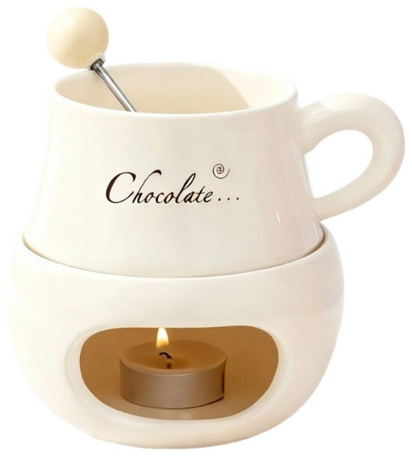 퐁듀 치즈 초콜릿 소스 워머 머그컵 주방 도구용 포크가 달린 다기능 세라믹 소형 멜팅팟, 베이지색