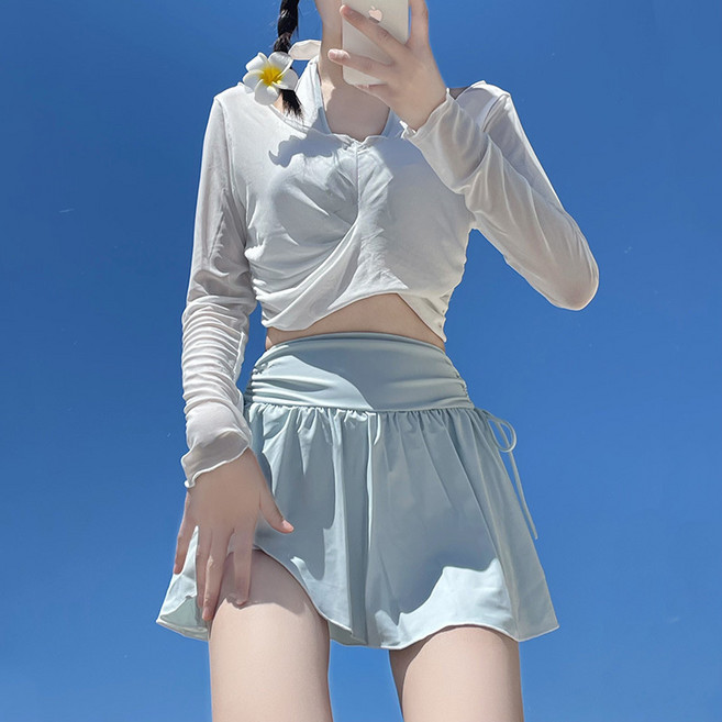 新款泳衣女學生分體運動長袖純欲氣質鏤空高腰顯瘦罩衫防走光, S 70 到90斤