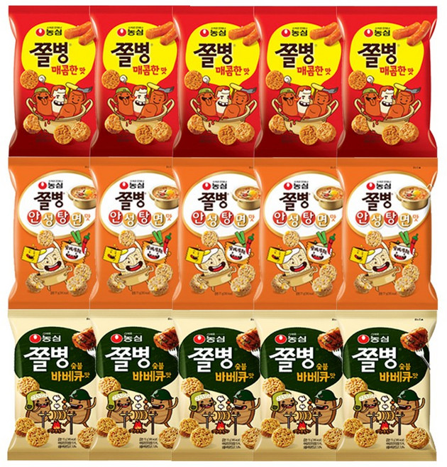 농심 쫄병스낵 매콤한맛5+안성탕면맛5+바베큐맛5, 82g, 15개