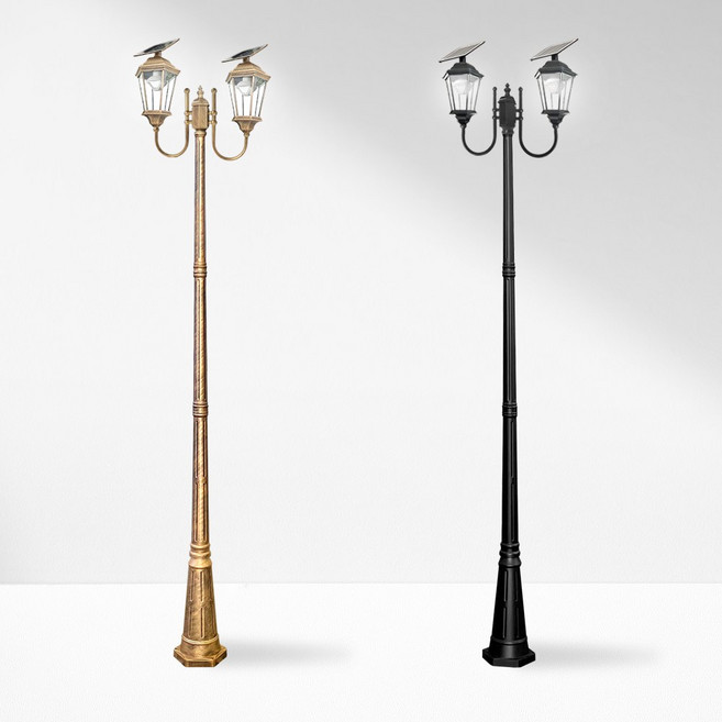 나눔조명 태양광 가로등 엔틱 태양열 조명 LED 정원등, 2구 투명 육각등, 2.6m, 검정색(흰빛)