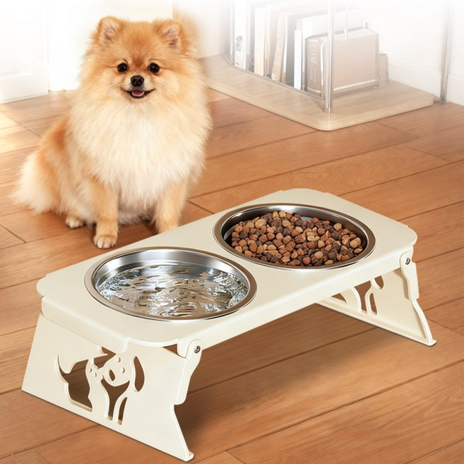 Zaxnouvi 반려동물 강아지 고양이 식기 2구 테이블 세트, 1개, 아이보리