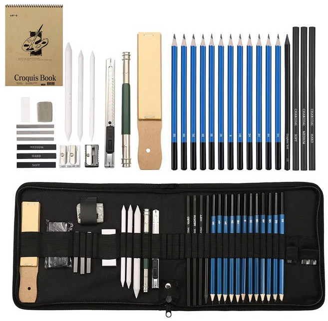 BVIEW STUDIO 스케치 드로잉 34종 종합 세트 국산스케치북 포함 드로잉 미술 전문가용 학생 학교 선물, 1세트