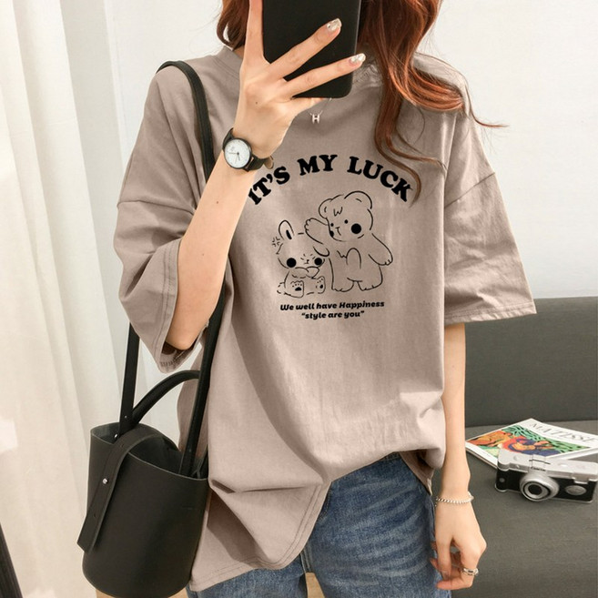 스타일아유 여성 여름 반팔 티셔츠 순면 IT'SMY LUCK 프린트 캐릭터 빅사이즈 M~2XL 오버핏 반팔티 롱티 자체제작