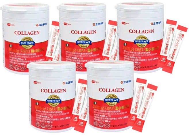 코오롱제약 화이트닝 저분자 피쉬콜라겐 히알루론산 필수 아미노산 피부 미백, 60g, 5개