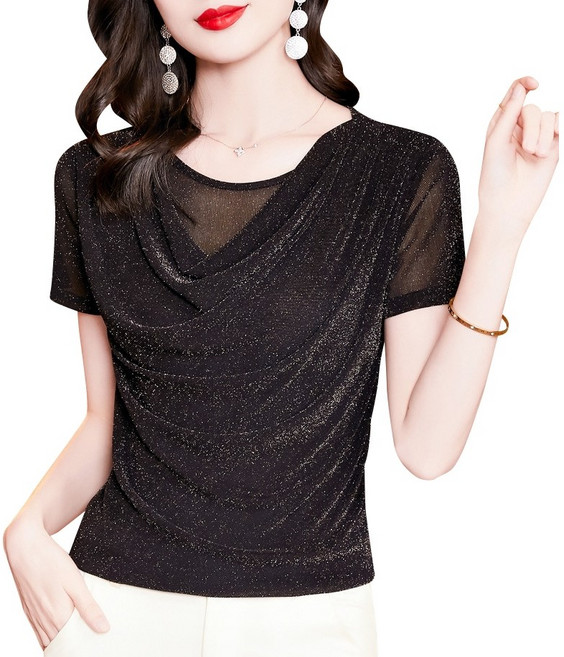 여성 글리터 펄 셔링 라인 댄스복 반팔 티셔츠 라틴 재즈 밸리 줌바댄스 스포츠댄스복 상의, 블랙