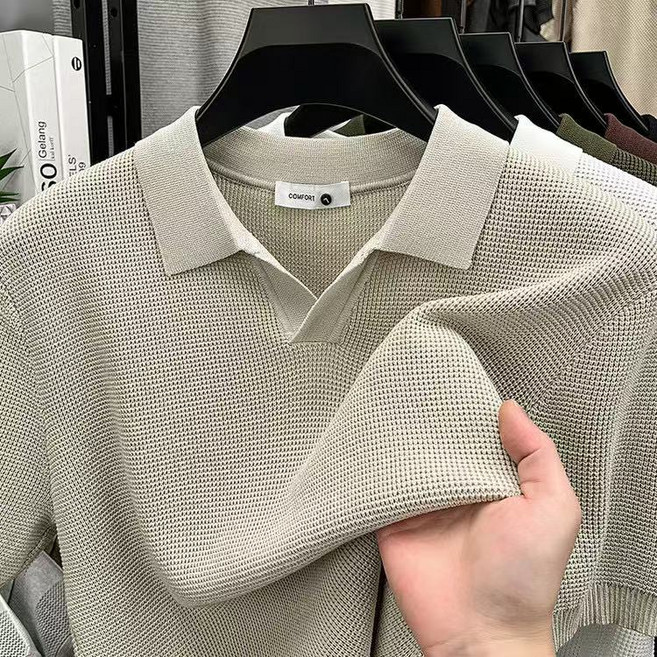 J nd O남성 여름 시원한 비스코스 오픈카라 반팔 니트