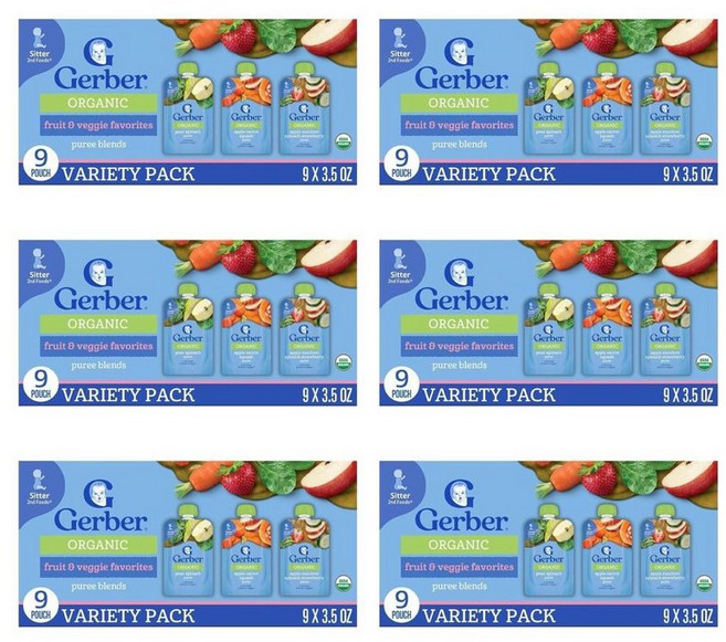Gerber 거버 오가닉 2단계 과일 채소 퓨레 버라이어티 배 시금치 사과 당근 주키니 딸기 99g, 54개