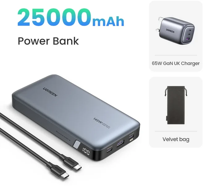 UGREEN 100W 20000mAh 보조베터리 iPhone 15 노트북 노트북 고속 충전 외부 배터리 용 휴대용 PD 고속 충전, 01 China Mainland, 08 25000mAh UK Bundle