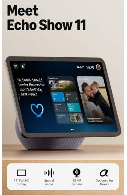 Amazon Echo Show 11(최신 모델) 더 넓은 시야 영역과 공간 오디오를 갖춘 생생한 Full-HD 11인치 디스플레이 Alexa+ Early Access Graph, 11-inch, Graphite, Device only