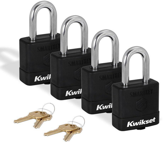 Kwikset SmartKey Re Keyable 라미네이트 스틸 자물쇠 붕소 카바이드 섀클 포함 날씨 커버 야외 게이트 및 보관 잠금 장치 5.1cm(2인치) 바디, 4
