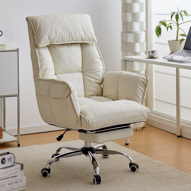 Arcbliss 고급 중역 사무용 가죽 컴퓨터 의자 침대형 리클라이너 170도 각도조절, 크림화이트