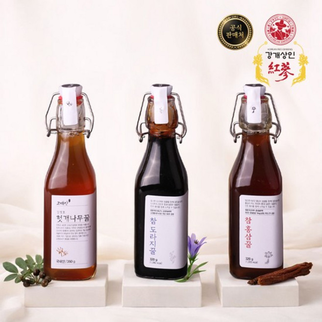 강개상인 참이색꿀 옴니버스 세트(320g x 3병) 6년근 홍삼 헛개 도라지꿀