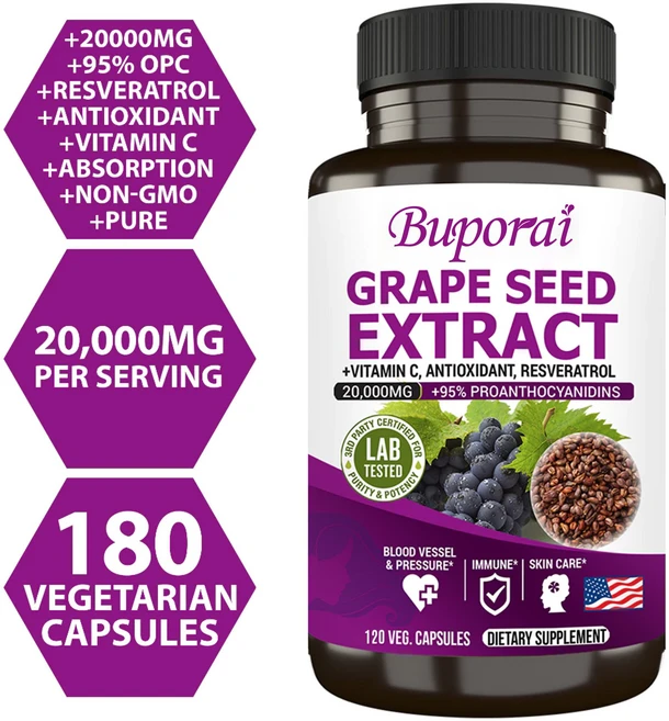 포도씨 추출물 20000mg 보충제 - 포도씨 95% 폴리페놀 OPC 비타민 C 항산화제 레스베라트롤 - 자유 라디칼 손상 감소 통증 부기 심장 혈액 순환 압력 피부 관리, 3개, 60정 - 쿠팡