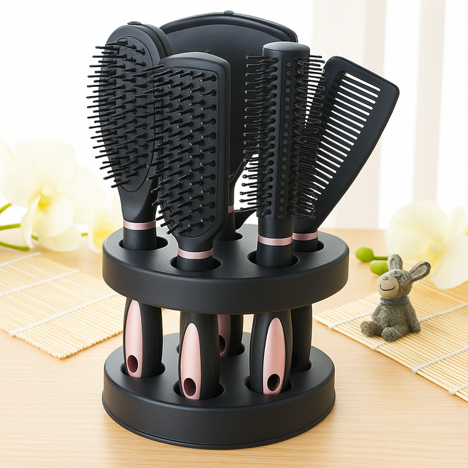 두작 빗 5종 세트 헤어 브러쉬 거울 포함 거치대, 핑크, 1개