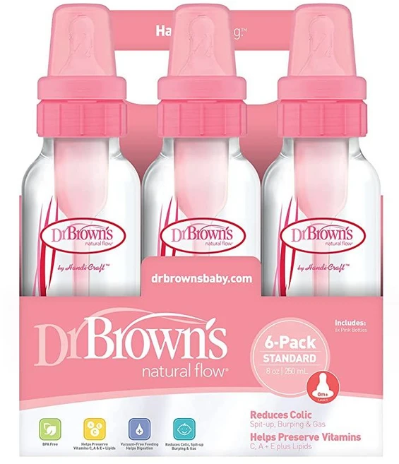 Dr. Brown's 네츄럴 플로우 안티 콜릭 젖병 - 핑크 - 237ml - 6개입 - 쿠팡