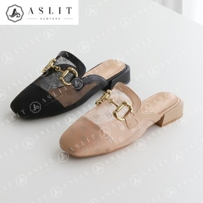 [애슬릿] 여성 더비 금장 스퀘어 토 메쉬 뮬 블로퍼 2cm