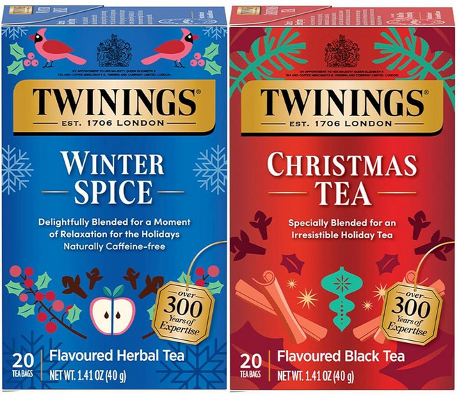 Twinings Holiday Sweet & Spicy Tea 버라이어티 2팩 - 카페인 함유 크리스마스 티 및 카페인 프리 겨울 향신료 허브 크리스마스 선물 티백 20개