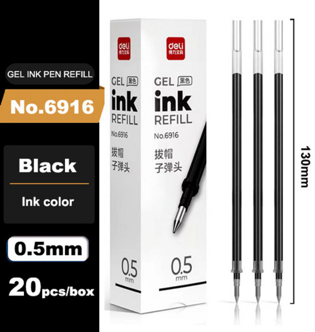 델리 20 개/몫 젤 펜 리필 0.5mm 잉크 블랙 레드 블루 색상 리필 쓰기 서명 학교 문구 용품 펜 코어 선물, [01] Black-20pcs