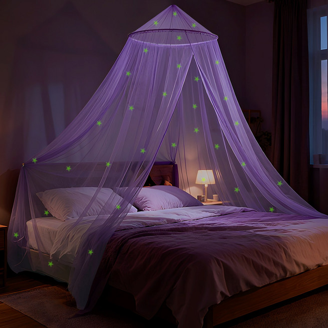 원 토새 휴대용 캠핑용 접이식 아이방커튼 모기장겸용 인테리어 침대 캐노피, 야광별퍼플