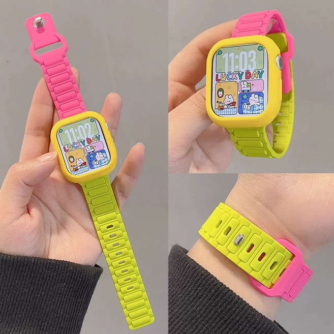 Qianshida 애플워치 투톤 실리콘 밴드+케이스 세트 스포츠 여성 고급 디자인 40/41/42/44/45/46mm 시리즈4~11 SE 호환, 1세트, 노란색 껍질 (바비 핑크 + 형광 녹색)