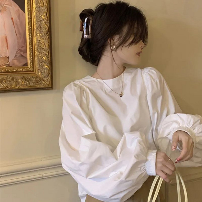 봄가을 여성용 루즈핏 데일리룩 퍼프 소매 베이직 셔츠 zy