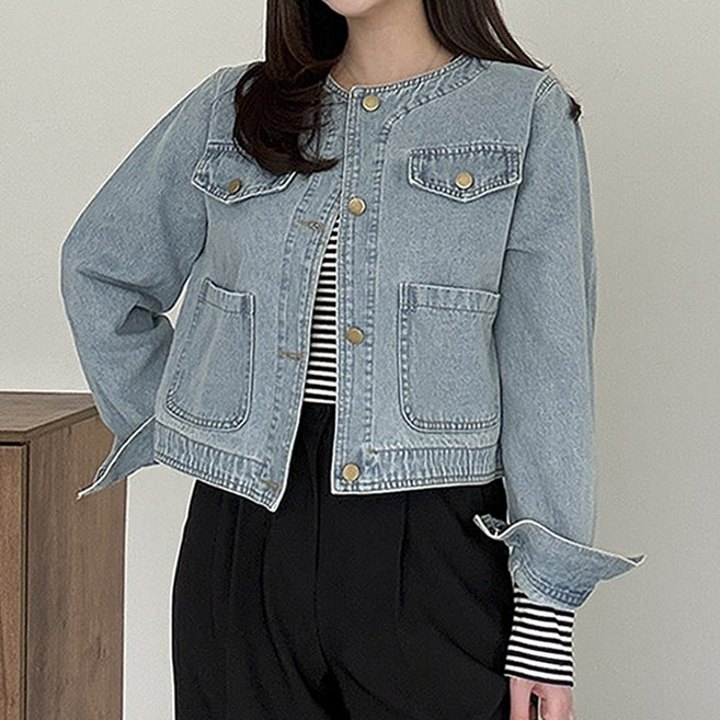 그랑데 노카라 포켓 데님 청자켓