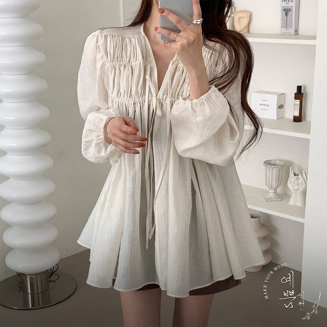 예쁨시전 오버핏 체형커버 프렌치 롱 미디 셔츠 블라우스