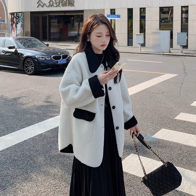 임산부 세트 가을 겨울 여성 캐주얼 임부복 루즈핏 반폴라 니트 원피스 + 무스탕 코트 기질 임부 투피스 세트 CY