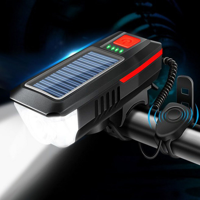 자전거라이트 전조등 태양광충전LED 벨 USB자전거용품, 레드, 1개