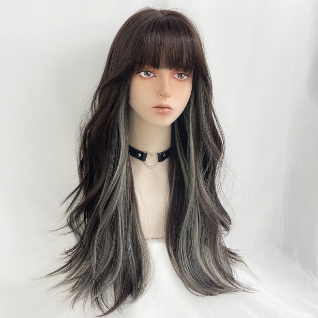 Tesco 掛耳染假髮 空氣劉海大波浪長假髮 黑棕挑染白茶, 1個