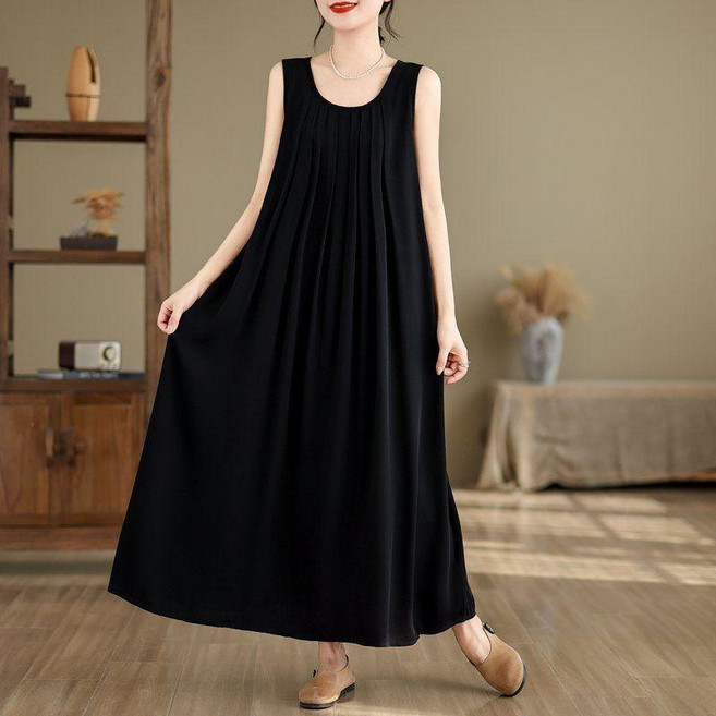 大碼連衣裙 無袖吊帶寬鬆長裙 收腰繫帶設計 微防曬空調房外搭 日系風格, 黑色,2XL 建議75.0-85.0公斤, 黑色